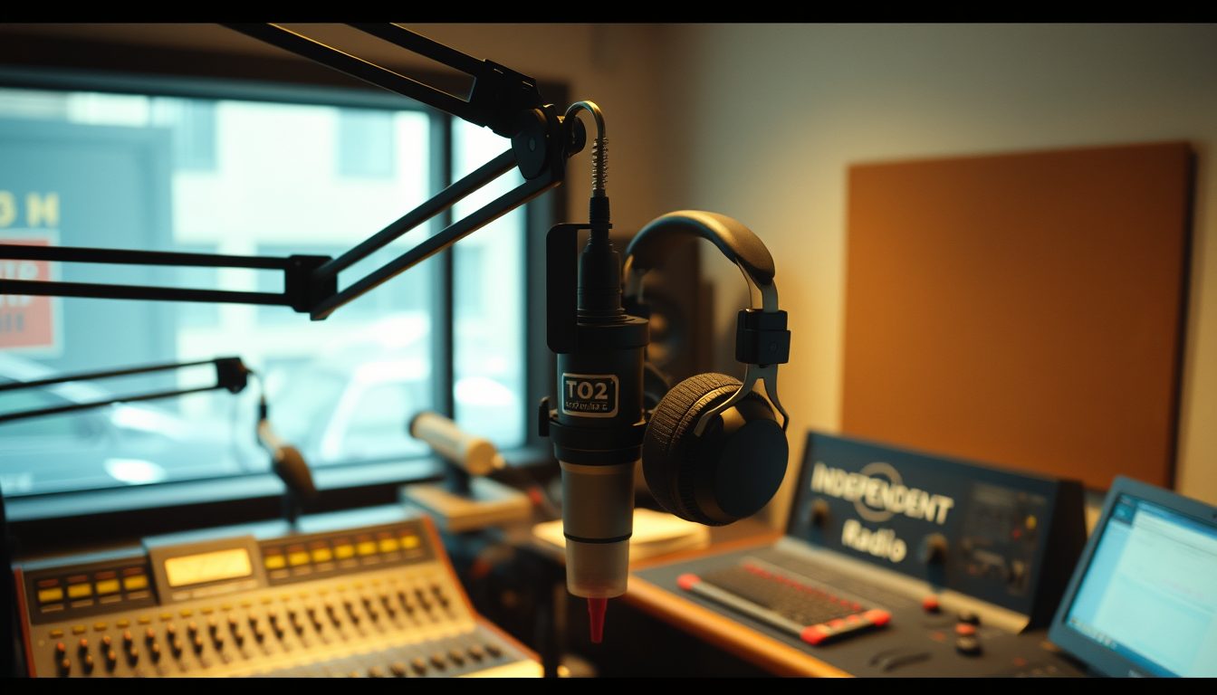 radio studio microphone and mixing desk
